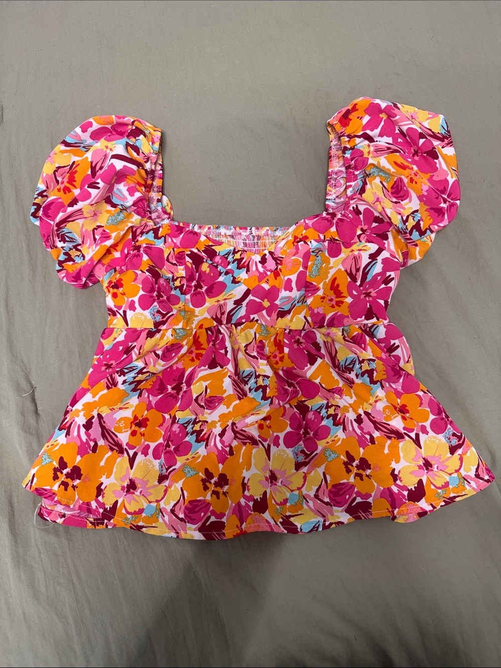 SHEIN Pink Orange Floral Puff-Sleeve Women’s Top